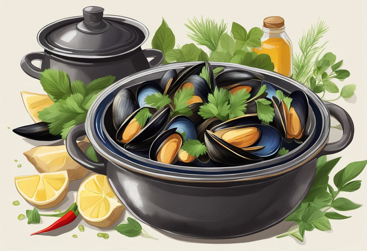 A steaming pot of mussels in a fragrant broth, filled with lemongrass, ginger, and chili, surrounded by fresh herbs and a squeeze of lime