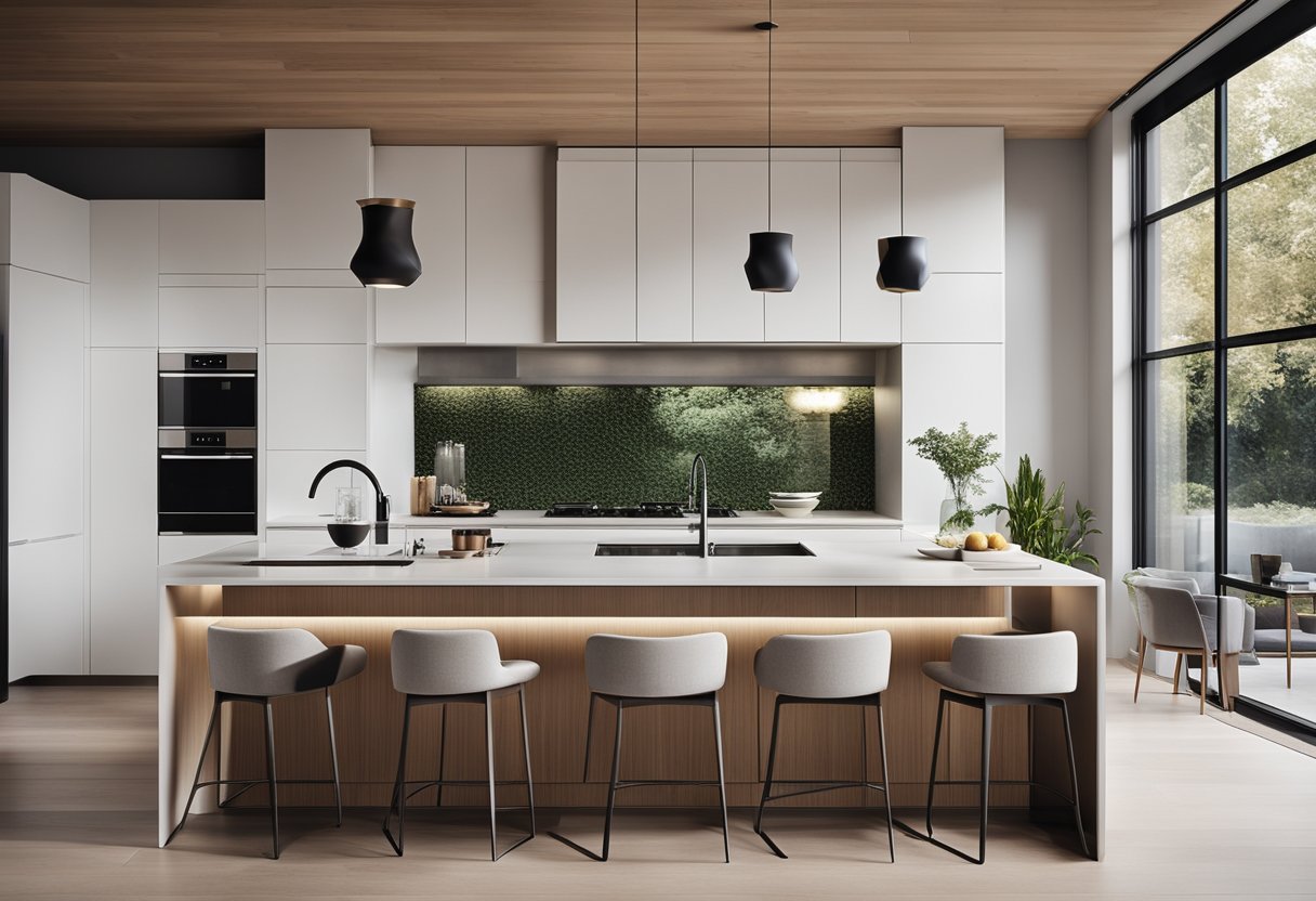 A sleek, minimalist kitchen island with clean lines and integrated appliances, surrounded by a spacious open floor plan and large windows for natural light