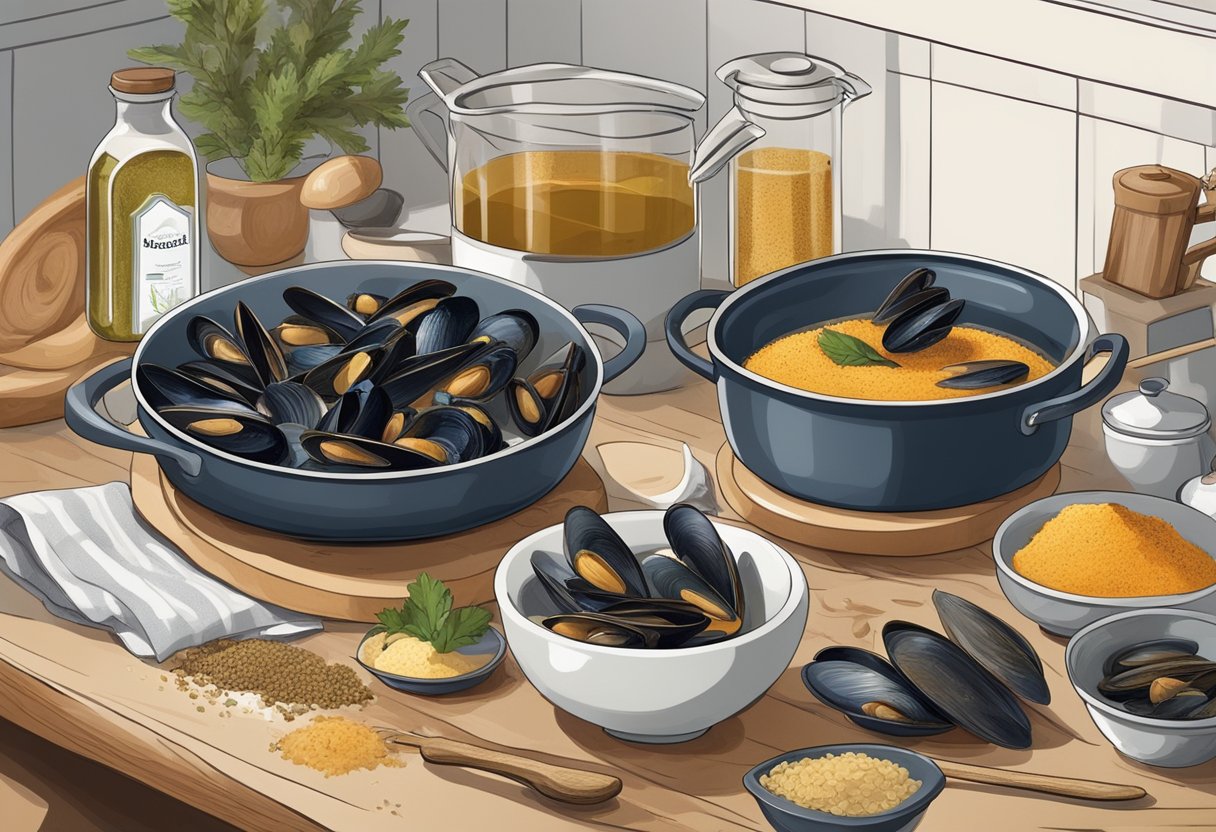 Mussels being cleaned and debearded, ingredients being measured and prepared, a pot of broth simmering on the stove, and a fragrant spice blend being mixed
