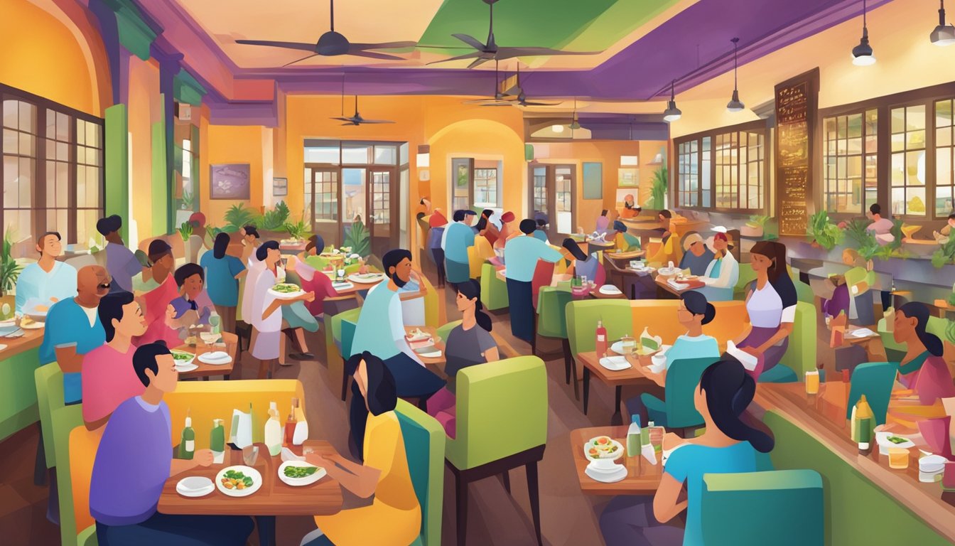 A bustling restaurant with colorful decor, filled with happy customers enjoying a variety of delicious vegetarian dishes