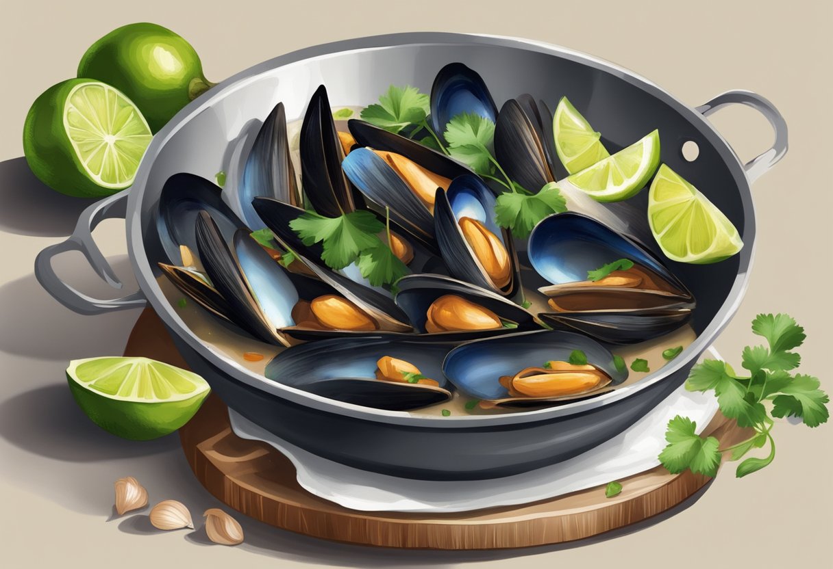 Mussels simmer in coconut milk, chili, and ginger. Garlic and shallots sizzle in a wok. Lime wedges and cilantro wait on a cutting board