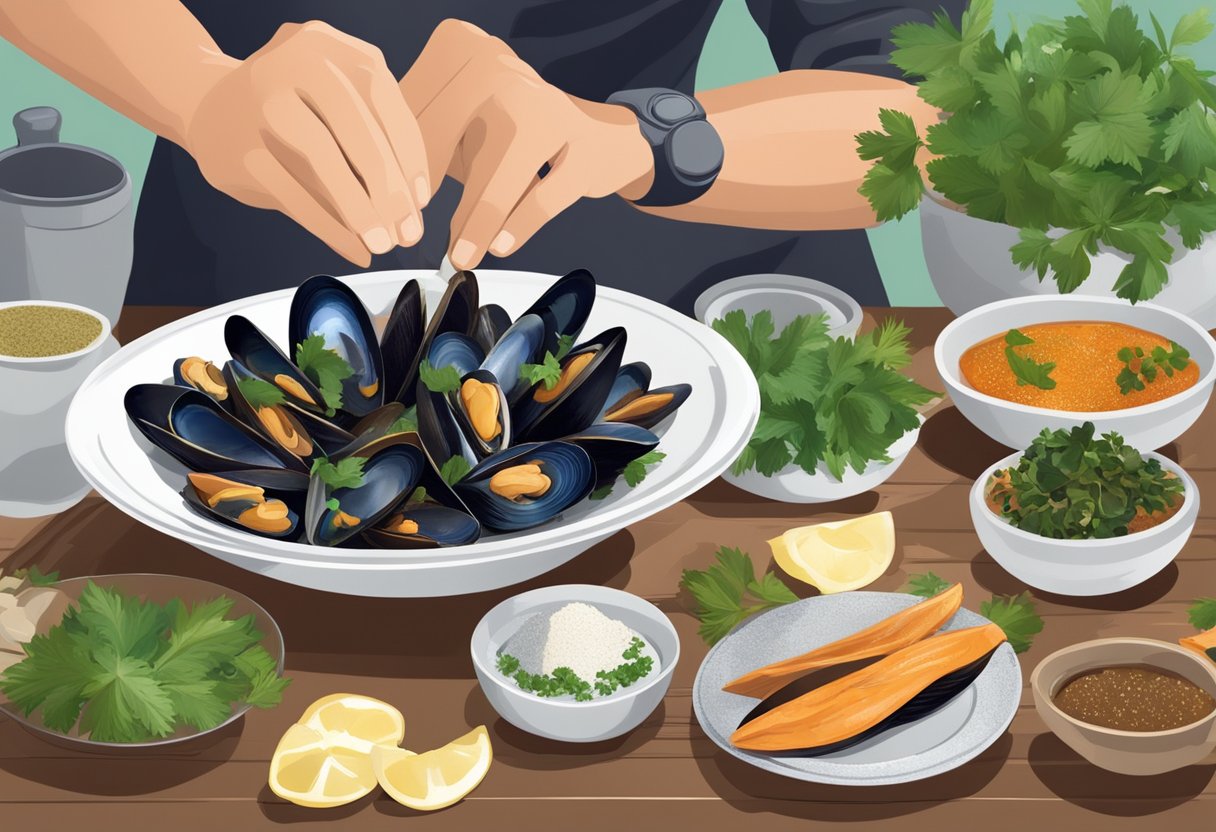 A chef prepares a bowl of steamed mussels in a fragrant Singaporean sauce, surrounded by vibrant spices and fresh herbs