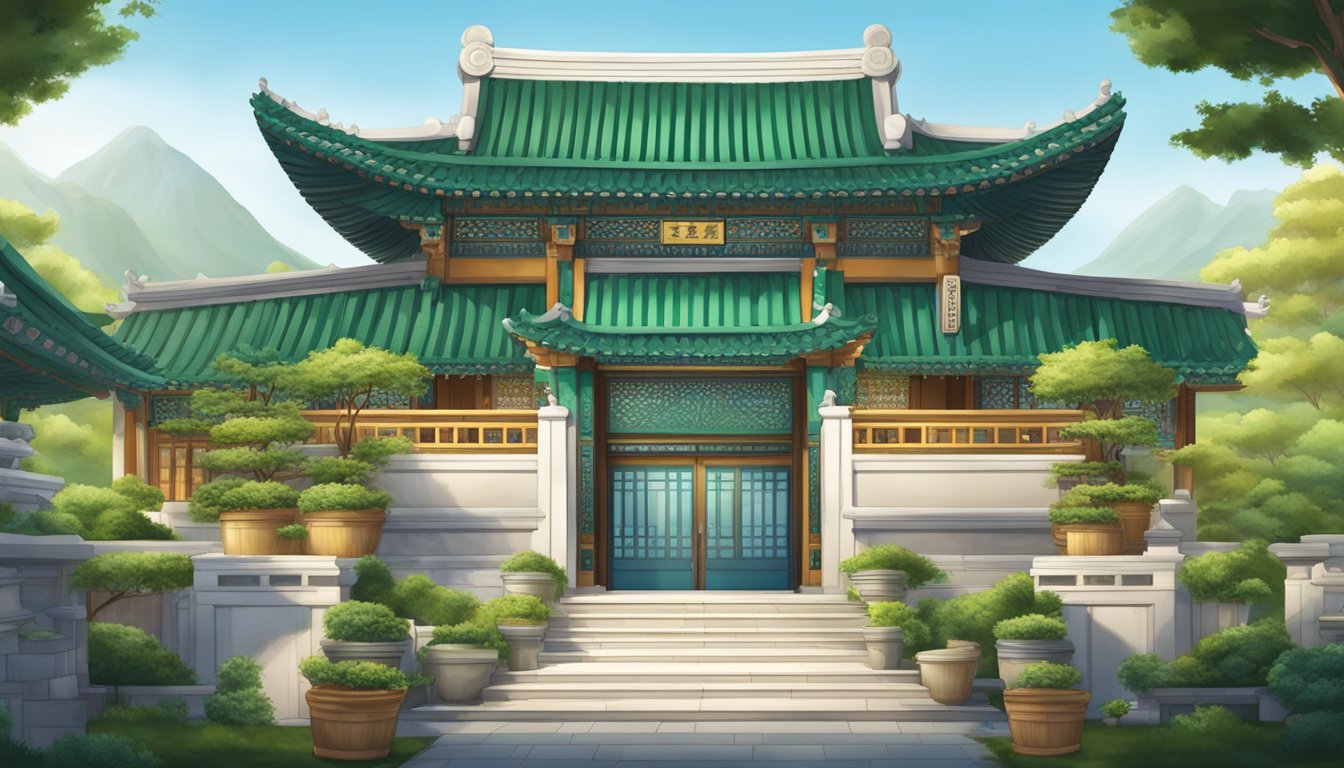 The grand entrance of the Palace Korean Restaurant, with traditional architecture and ornate decorations, surrounded by lush gardens