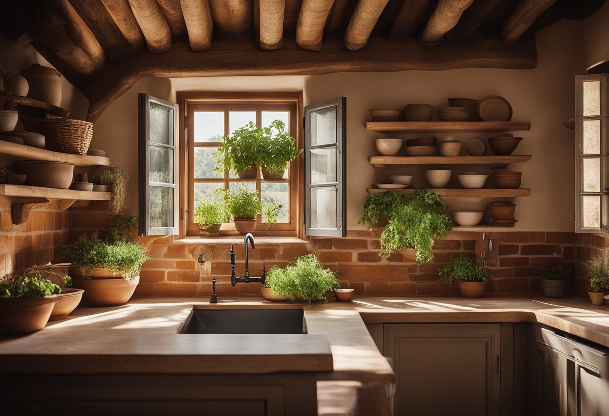 A Tuscan kitchen with rustic wood beams, terracotta tiles, and a large farmhouse sink. A pot of fresh herbs sits on the windowsill, and sunlight streams in through the open shutters