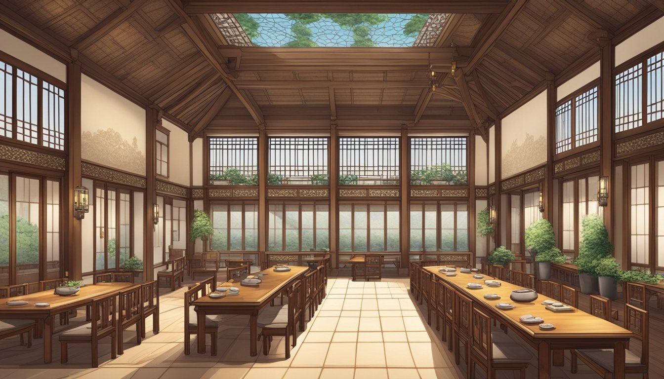 A grand dining hall with ornate wooden tables, traditional Korean decor, and a warm, inviting atmosphere. A large window allows natural light to fill the space, highlighting the intricate details of the interior