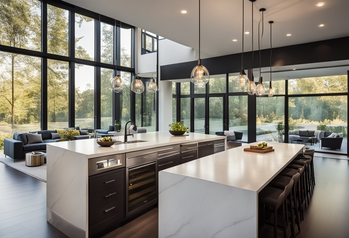 A sleek, spacious kitchen island with integrated seating and a built-in wine rack, surrounded by modern pendant lighting and large windows with a view of the outdoors