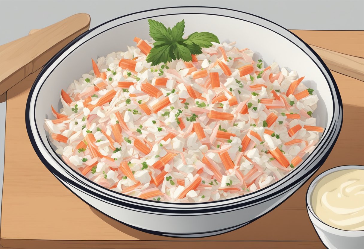 A bowl of chopped crab sticks, mayonnaise, and seasonings mixed together, ready to be used in a recipe
