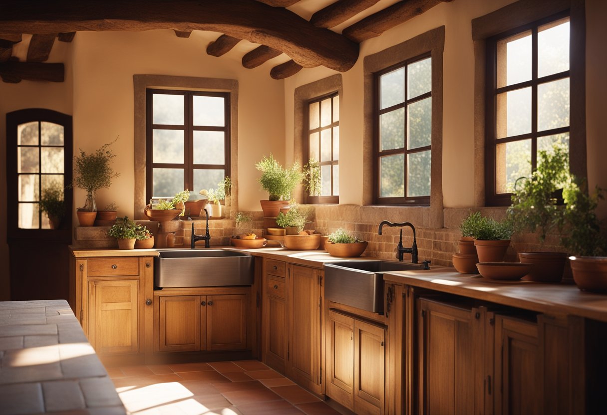 A rustic Tuscan kitchen with exposed wooden beams, terracotta tiles, and a large farmhouse sink. Sunlight streams in through the window, illuminating the warm earthy tones of the space