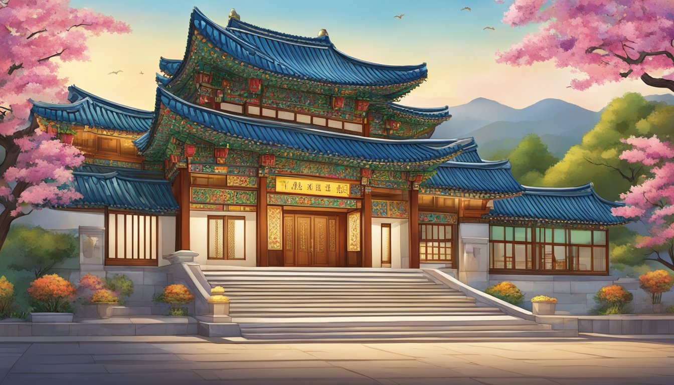 A grand entrance with traditional Korean architecture, adorned with intricate patterns and vibrant colors. A sign reading "Frequently Asked Questions" in bold letters welcomes guests to the Palace Korean Restaurant