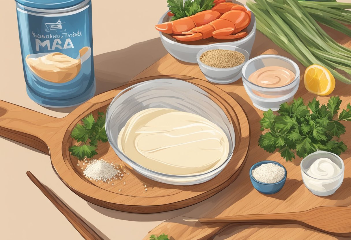A cutting board with crab sticks, mayo, and seasoning. A bowl of mixed ingredients nearby