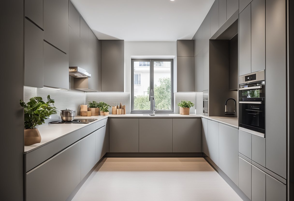 A modern European kitchen cabinet design with sleek, handle-less doors, integrated appliances, and a minimalist color palette