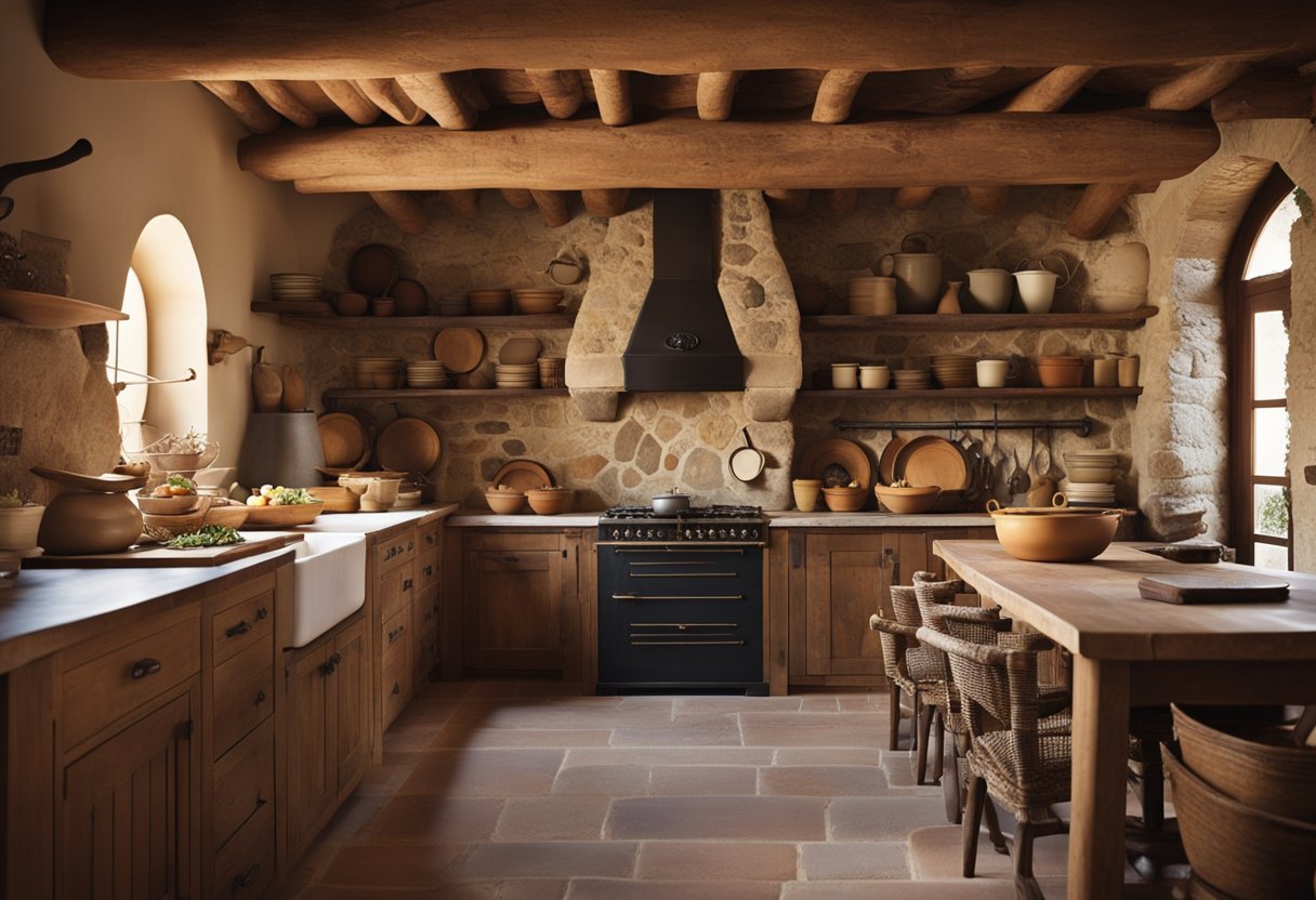 A rustic Tuscan kitchen with stone walls, wooden beams, and a large farmhouse table surrounded by wrought iron chairs. A traditional wood-burning stove sits in the corner, and open shelves display colorful pottery and cookware