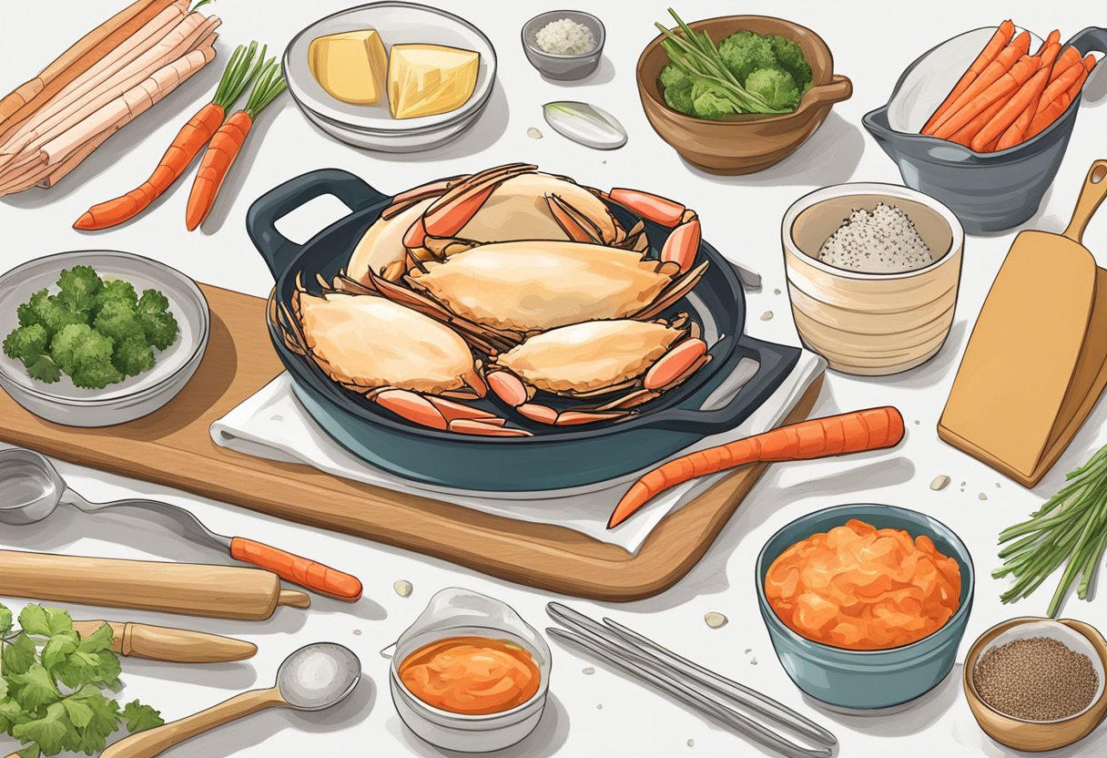 A crab stick recipe card surrounded by various cooking utensils and ingredients