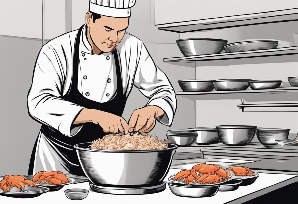 A chef carefully selects and prepares fresh crab meat, delicately removing it from the shell and placing it in a bowl