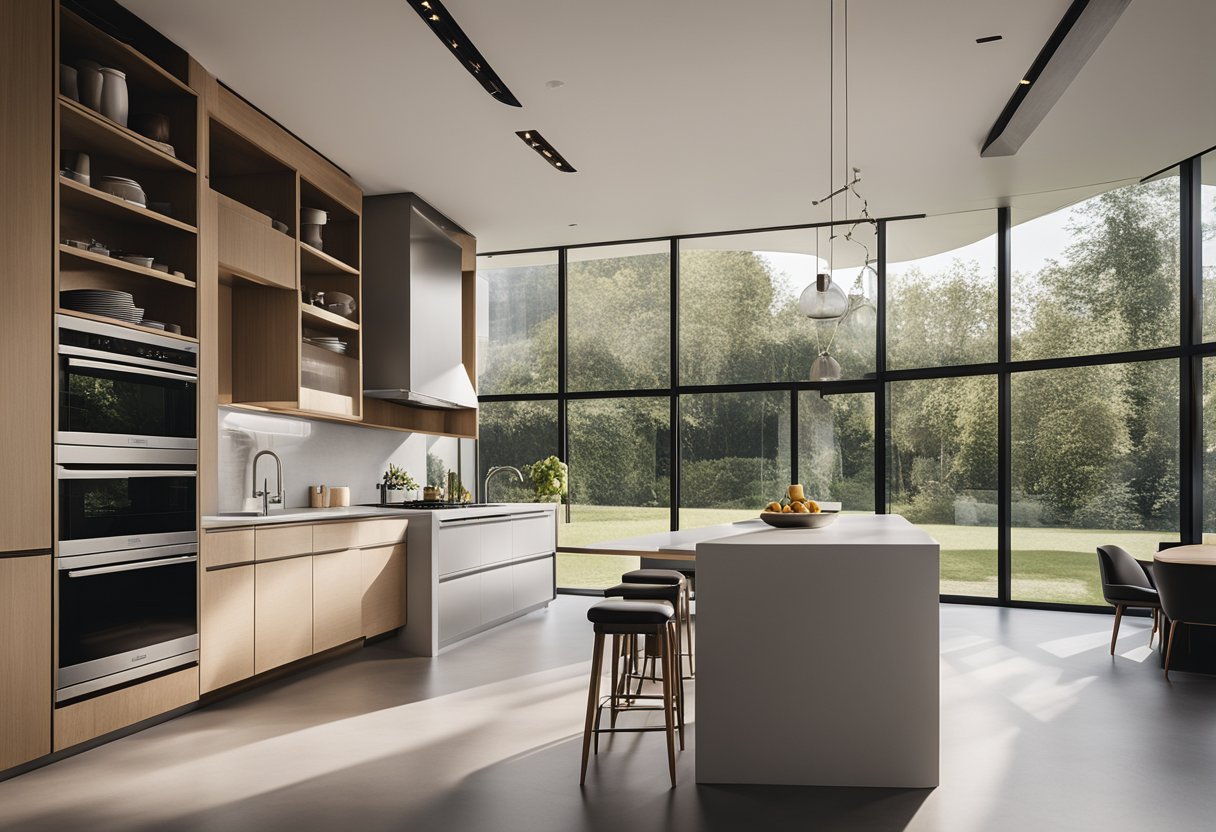 A sleek, minimalist kitchen island with integrated storage and seating, bathed in natural light from large windows, surrounded by high-end appliances and contemporary finishes