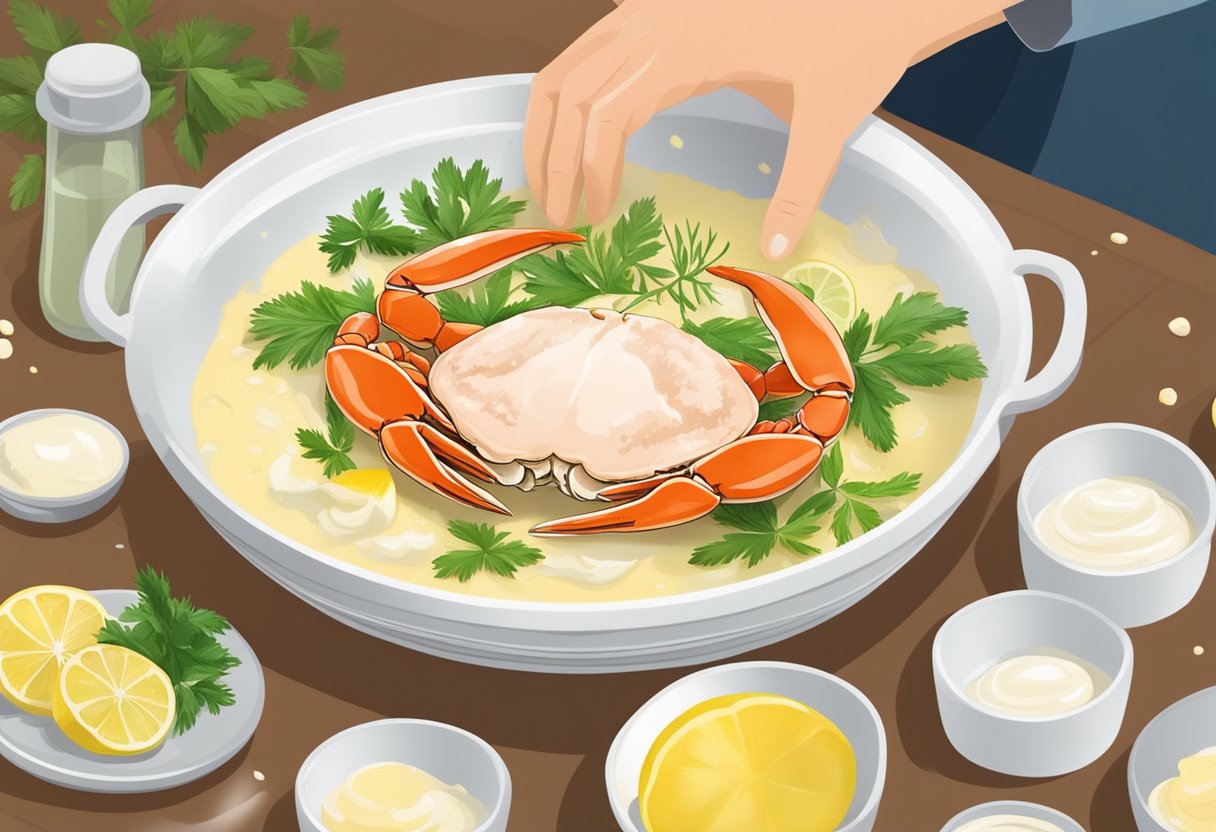 A chef mixes crab meat with mayonnaise, lemon juice, and herbs in a bowl