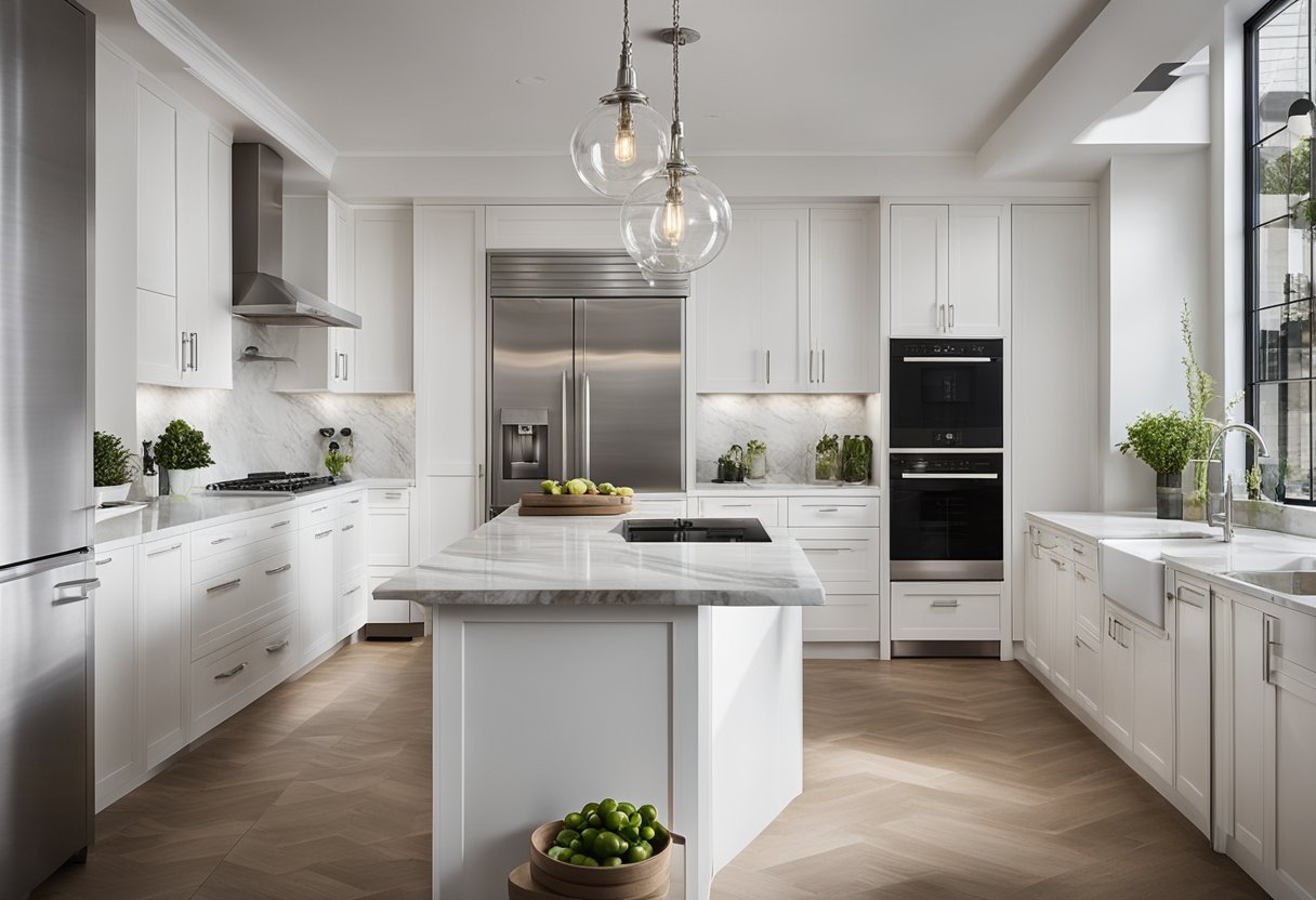A spacious European kitchen with sleek, white cabinets, marble countertops, and stainless steel appliances. Glass pendant lights illuminate the modern design