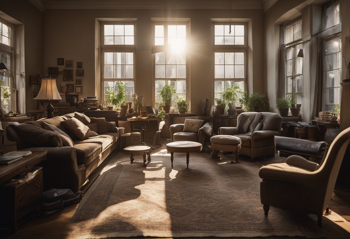 A cluttered room with worn-out sofas, chipped tables, and mismatched chairs. The sunlight filters through dusty windows, casting shadows on the tired furniture