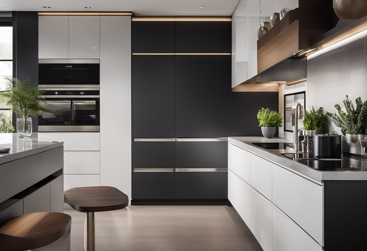 A sleek, modern kitchen with European cabinets, organized storage, and integrated appliances for maximum efficiency