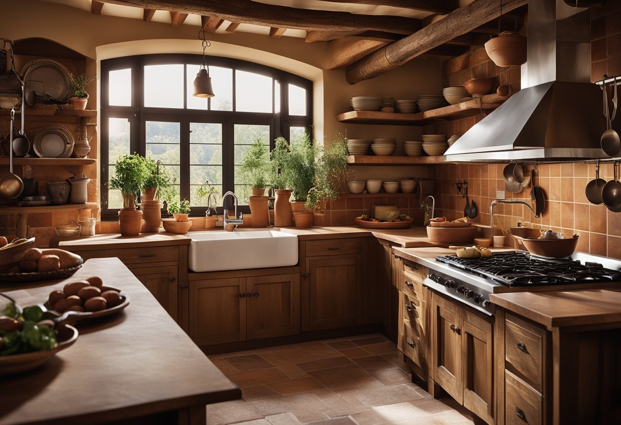 A Tuscan kitchen with rustic wooden cabinets, terracotta tiles, and a large farmhouse sink. A hanging pot rack and a cozy dining area complete the warm, inviting space