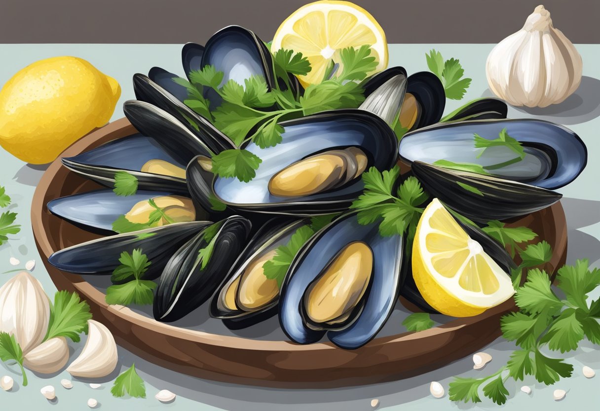 Fresh green mussels being cleaned and prepared with garlic, parsley, and lemon for a savory dish