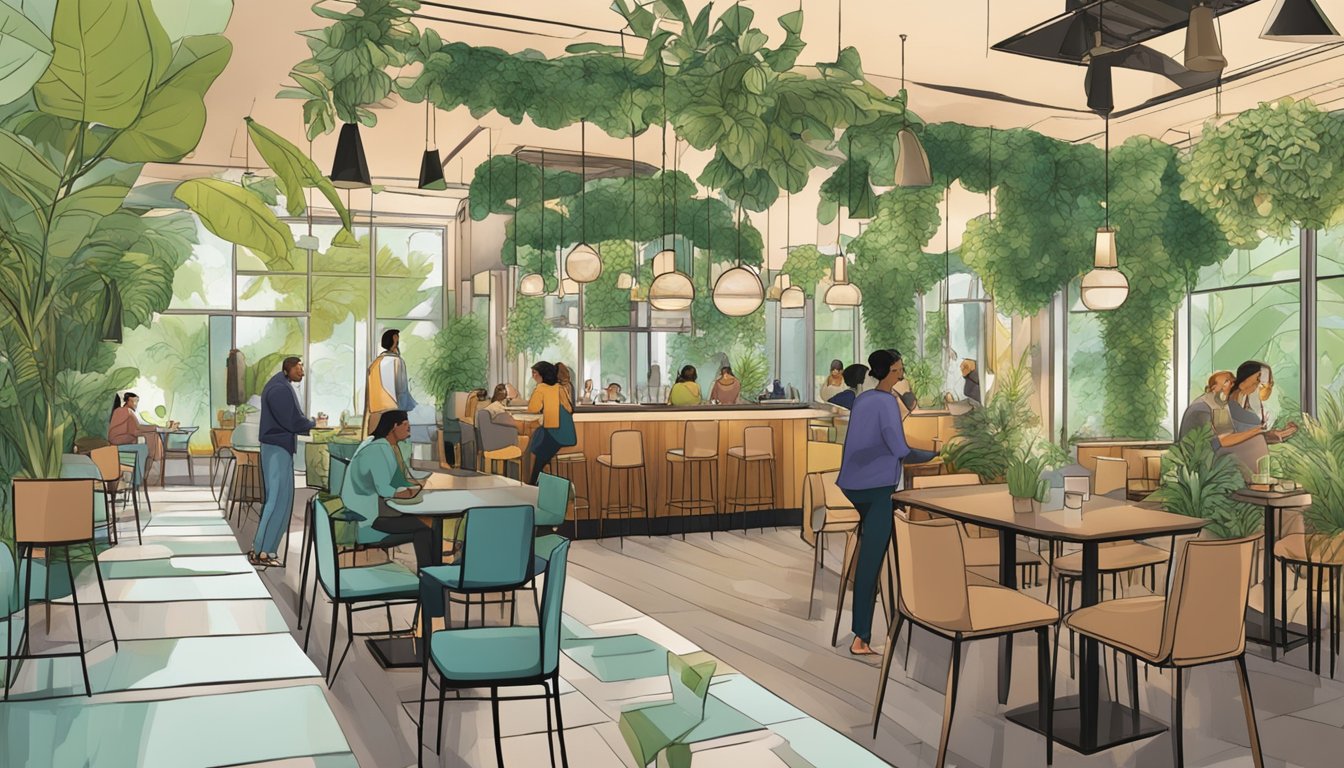 Customers entering Genesis Vegan Restaurant, greeted by a lush interior of greenery and modern decor. Aromas of plant-based cuisine fill the air as diners enjoy their meals