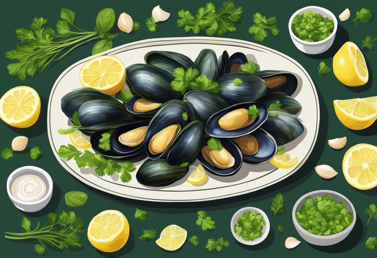 Green mussels arranged on a platter with various ingredients like garlic, parsley, and lemon, ready to be cooked into different variations of recipes