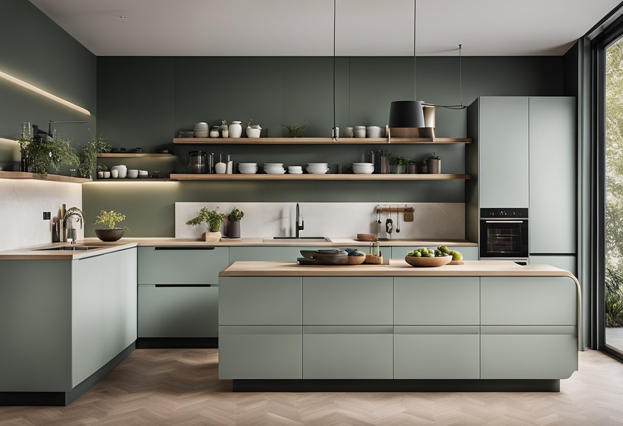 A sleek, modern European kitchen cabinet design with clean lines, handleless doors, and integrated appliances. The color palette is neutral with pops of bold, vibrant accents