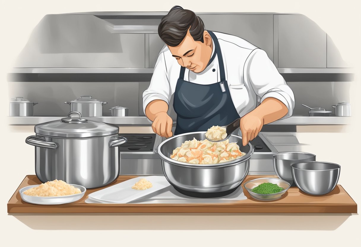 A chef carefully mixes lump crab meat with mayonnaise and spices in a stainless steel bowl, creating a delicious crab meat recipe