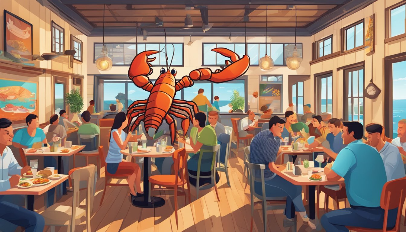 A bustling seafood restaurant with a giant lobster sign and a vibrant atmosphere. Tables filled with happy customers enjoying their meals