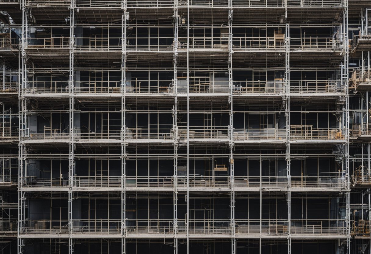 The building is enclosed by scaffolding and construction equipment, indicating that it is closed for renovation