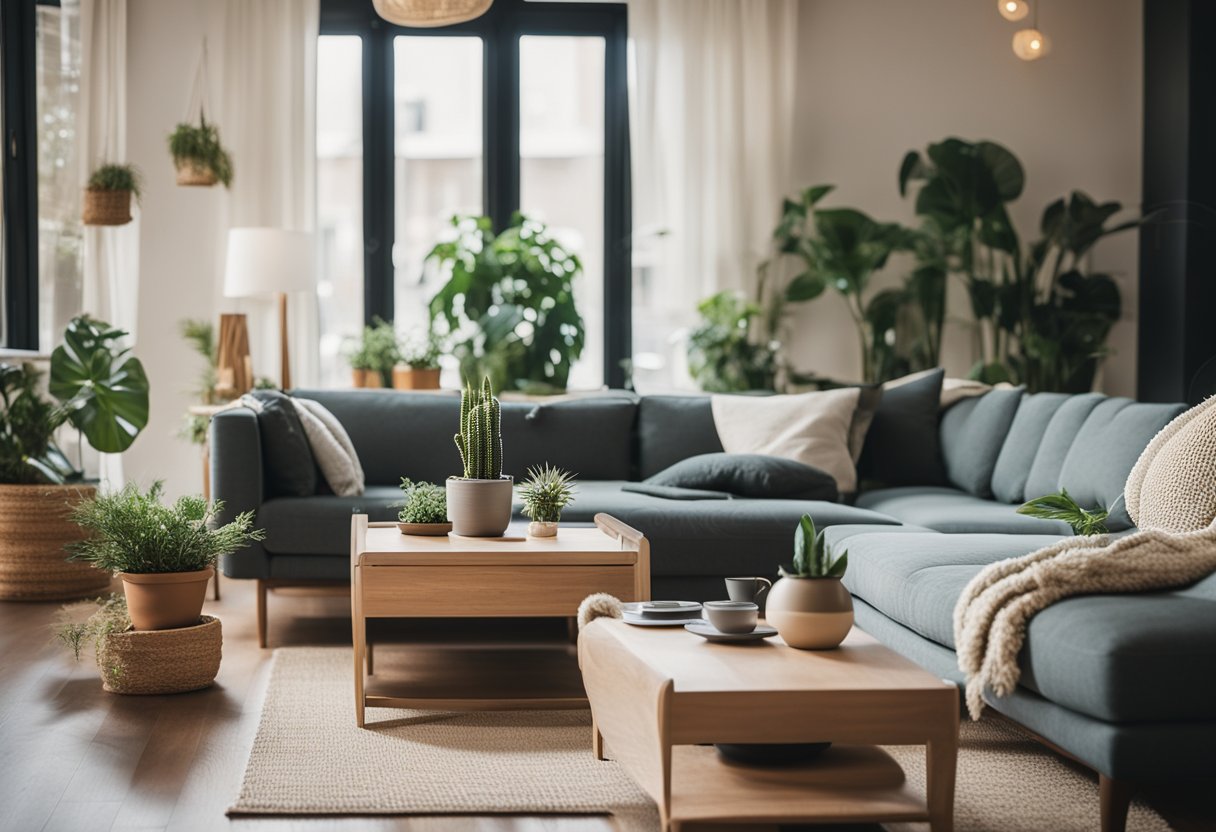 A cozy living room with a mix of vintage and modern furniture, soft lighting, and plants