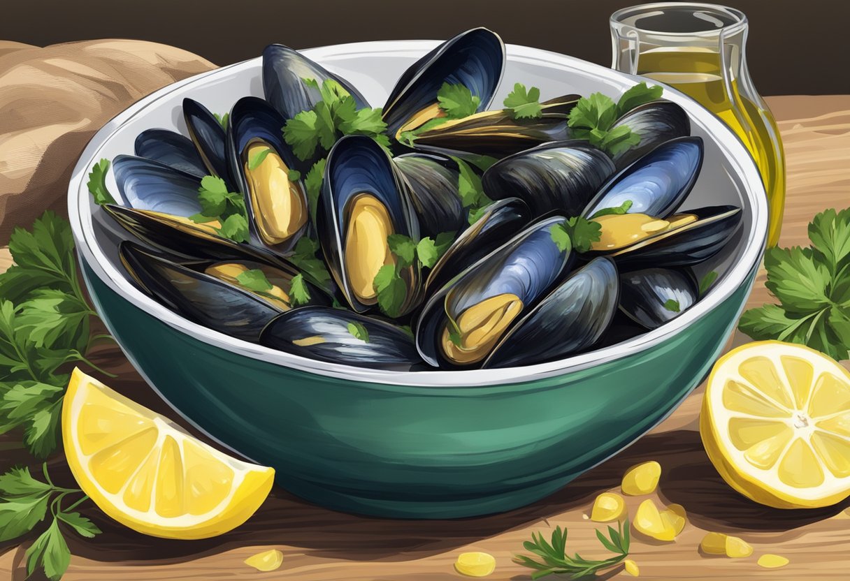 A bowl of freshly steamed green mussels with garlic and herbs, surrounded by lemon wedges and a drizzle of olive oil