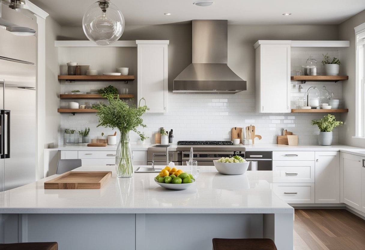 A bright white kitchen with sleek countertops, stainless steel appliances, and a large window flooding the space with natural light