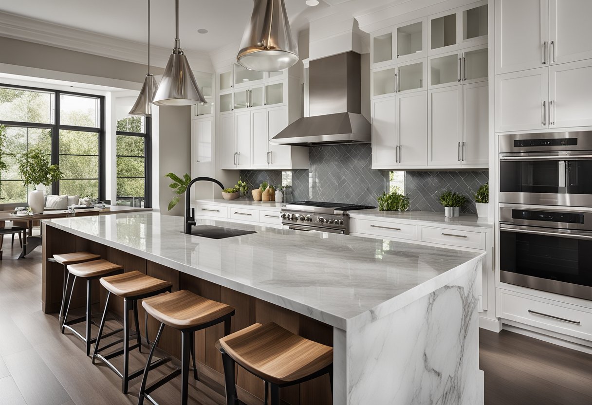 A sleek, spacious kitchen with marble countertops, wooden cabinets, and stainless steel appliances. A large island with bar stools is the focal point, while natural light floods in through large windows