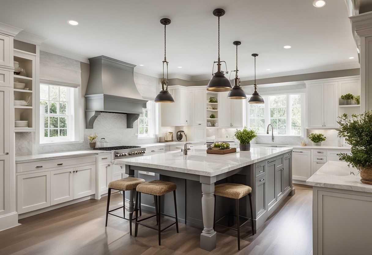A spacious kitchen with clean lines, marble countertops, and a large central island. Modern appliances blend seamlessly with traditional cabinetry and a farmhouse sink
