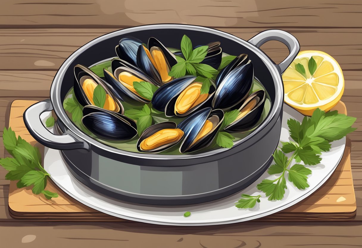 A pot simmering with green lipped mussels in a fragrant broth, surrounded by fresh herbs, garlic, and lemon slices on a wooden cutting board