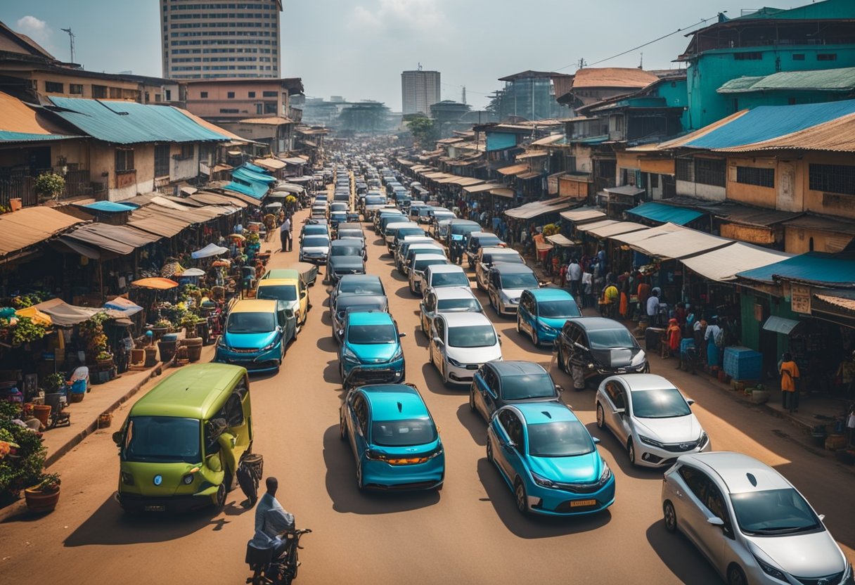 A bustling Ghanaian street with colorful electric vehicles and charging stations, surrounded by vibrant markets and bustling city life