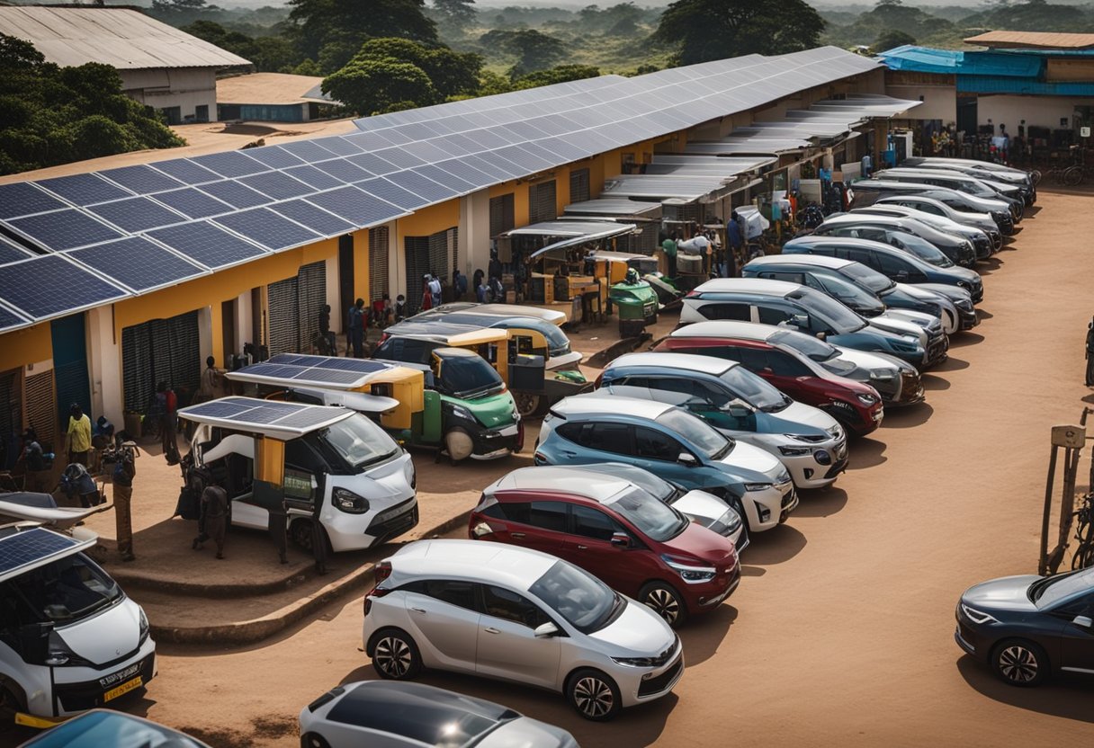 A bustling street in Ghana, with electric vehicles charging at stations. Solar panels line the buildings, providing clean energy for the growing EV ecosystem