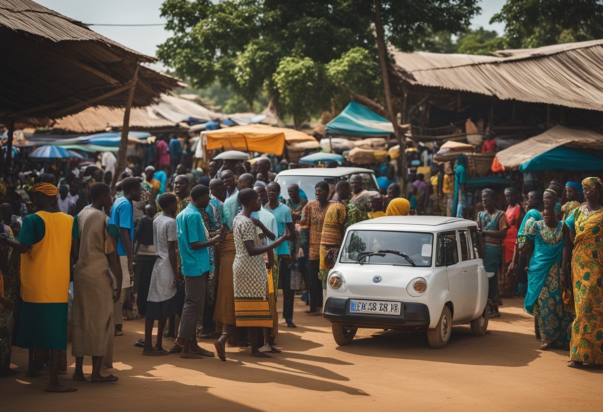 A bustling Ghanaian market with colorful stalls and locals interacting with the G3 electric vehicle. The vehicle stands out against the vibrant backdrop, symbolizing its adaptation to the emerging EV ecosystem in Africa