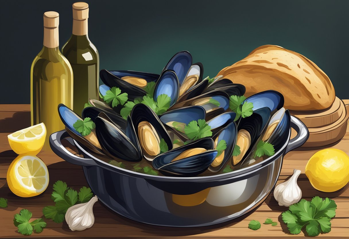 Green-lipped mussels steaming in a pot with white wine, garlic, and parsley. Lemon wedges and crusty bread on a wooden cutting board nearby