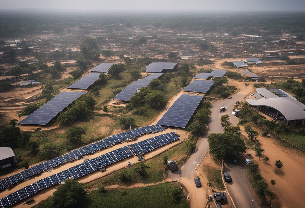 A bustling Ghanaian city with new charging stations, solar panels, and electric vehicles on the road