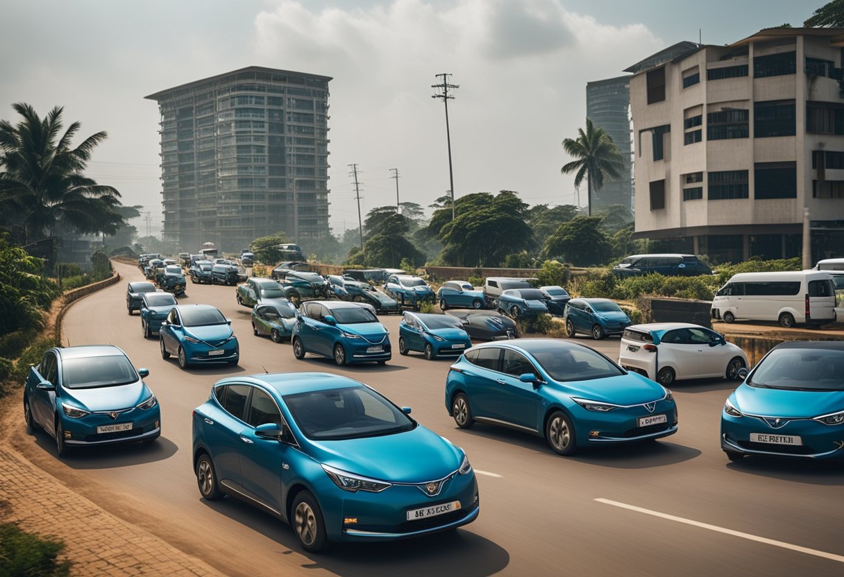 A group of electric vehicles navigate through the bustling streets of Ghana, with a backdrop of emerging infrastructure and strategic partnerships in the growing EV ecosystem of Africa