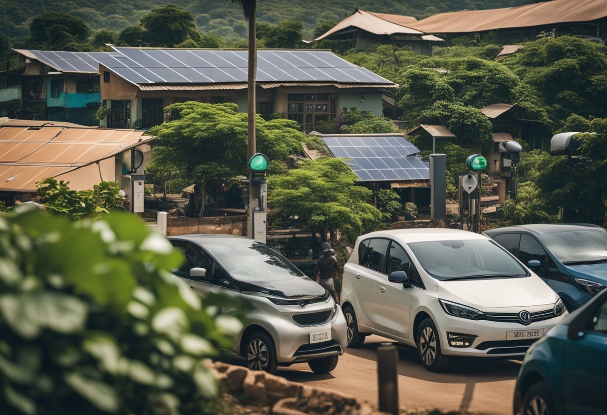 A bustling Ghanaian street with electric vehicles charging at solar-powered stations, surrounded by lush greenery and sustainable infrastructure