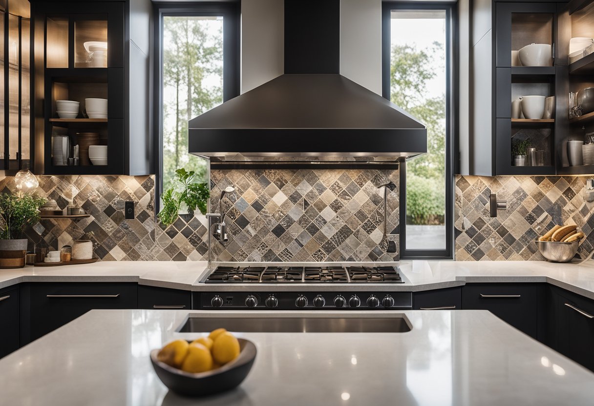 A kitchen with various tile backsplash designs, showcasing different materials and textures