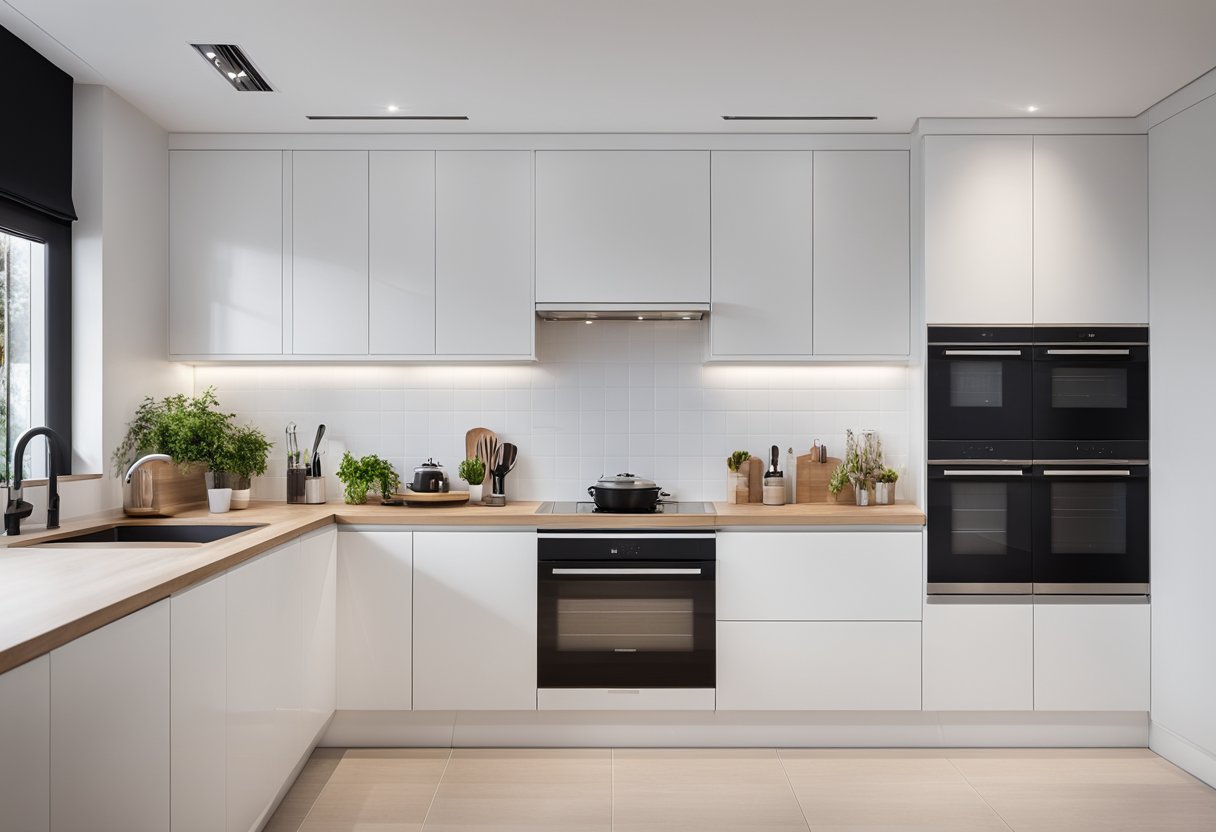 A spacious white kitchen with ample storage, modern appliances, and a clean, minimalist design. The layout allows for efficient movement and easy access to cooking and cleaning areas