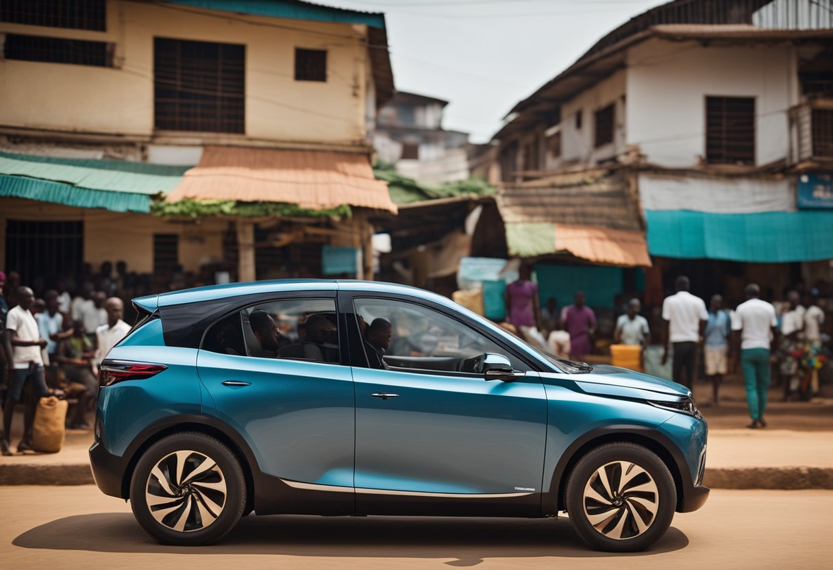 A sleek electric vehicle (EV) drives through bustling streets of Ghana, passing by traditional markets and modern infrastructure, symbolizing the intersection of innovation and tradition in Africa's emerging EV ecosystem