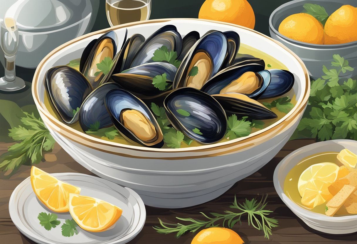 A bowl of green lipped mussels steaming in a fragrant broth, surrounded by fresh herbs and citrus slices, with a side of crusty bread and a glass of white wine