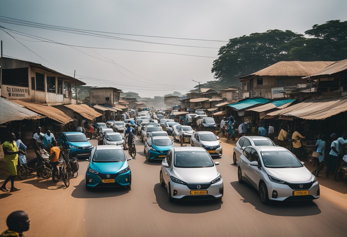A group of electric vehicles navigate through bustling streets and vibrant markets in Ghana, showcasing the emerging EV ecosystem in Africa