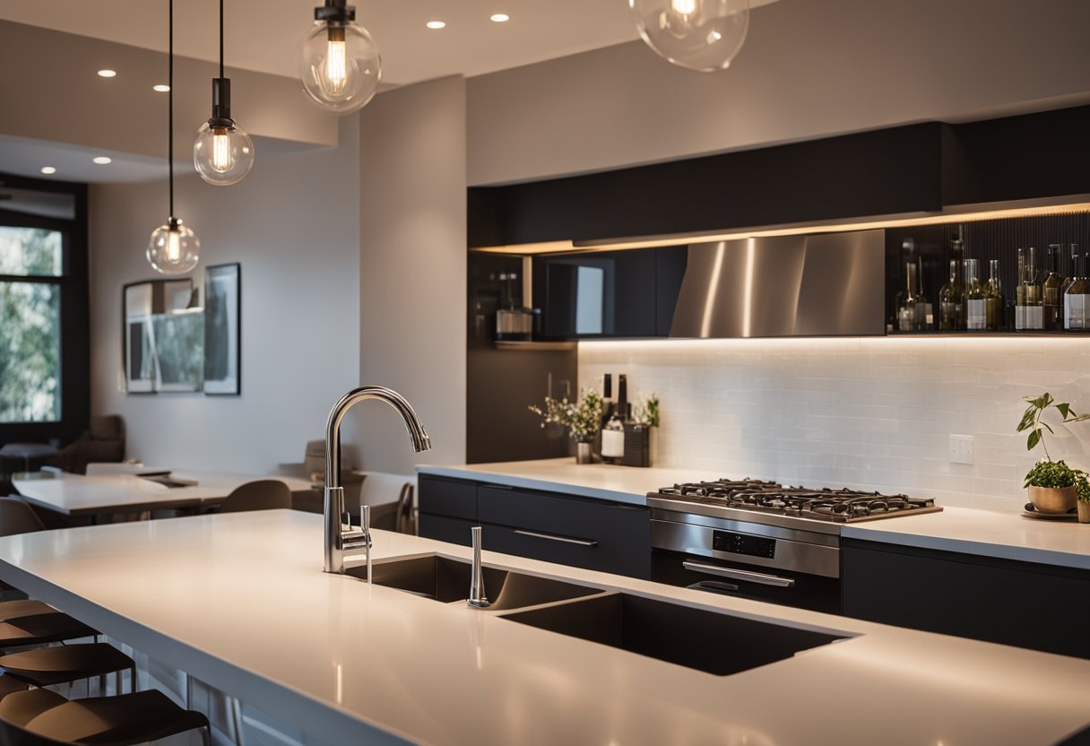 A kitchen with recessed lighting in the ceiling, illuminating the countertops and sink area, creating a warm and inviting atmosphere